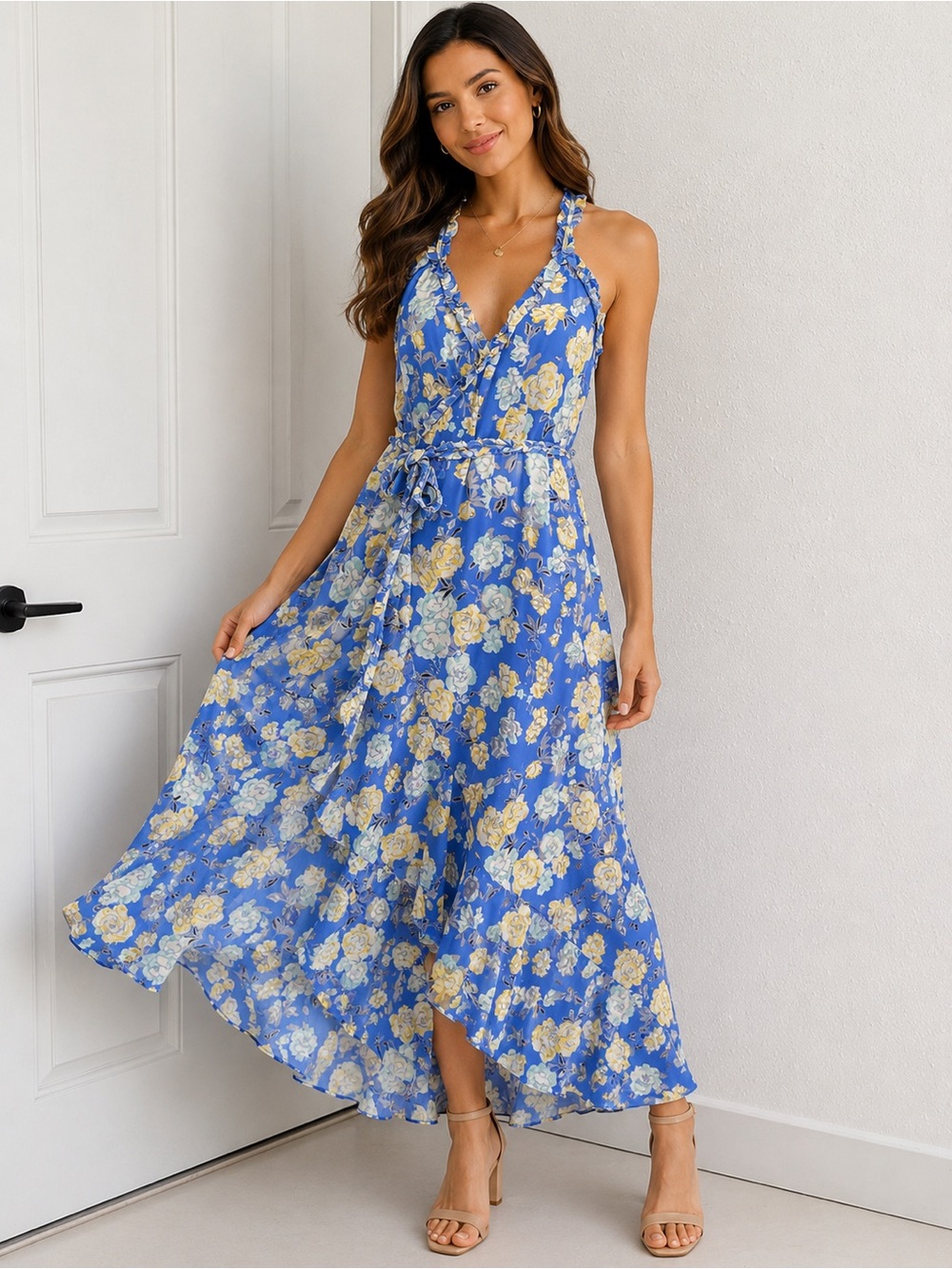 Jason‎ Wu RTR 100% Silk blue floral sleeveless wrap dress 4
